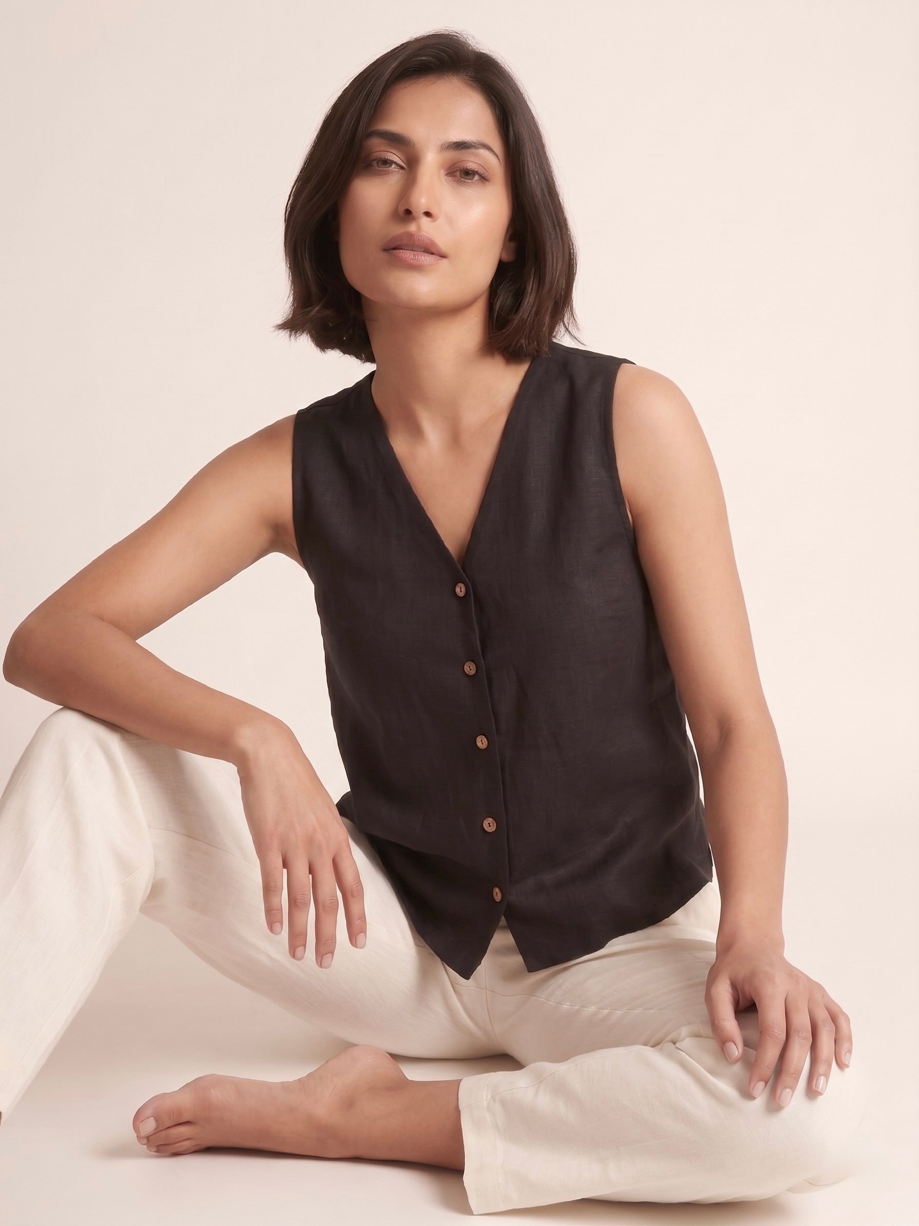 Black Linen Sleeveless Shirt