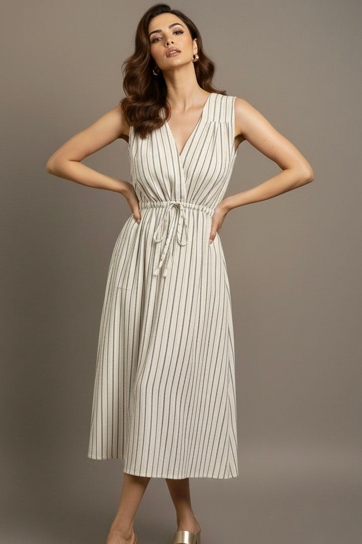 Ivory Striped SleevelessDress