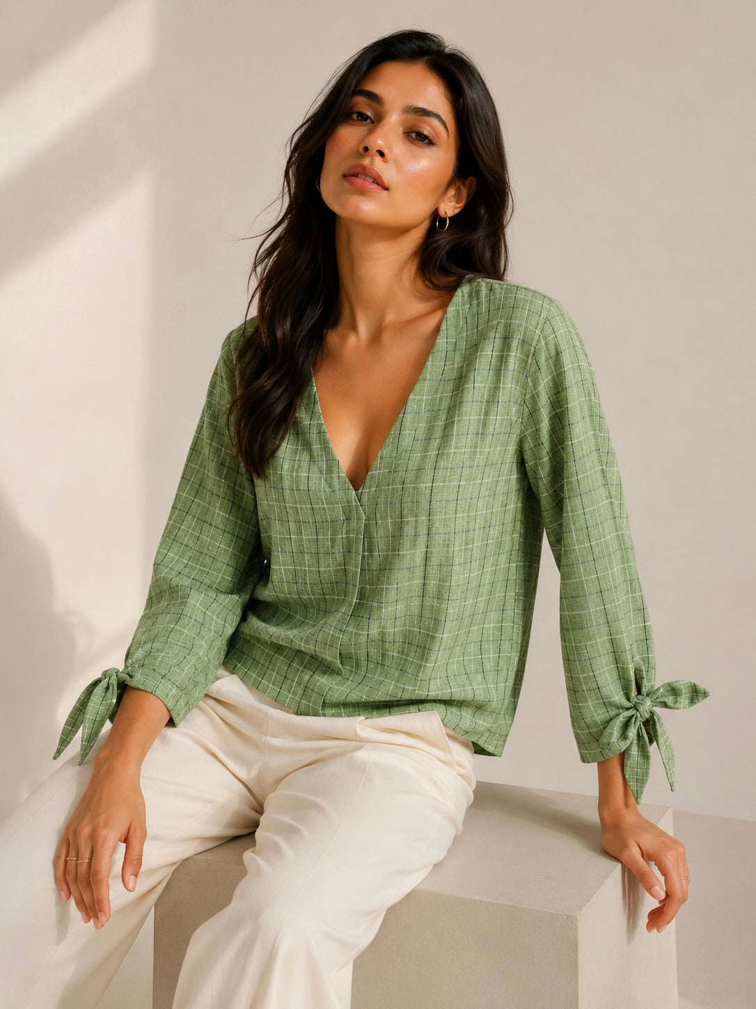 Sage Check Top