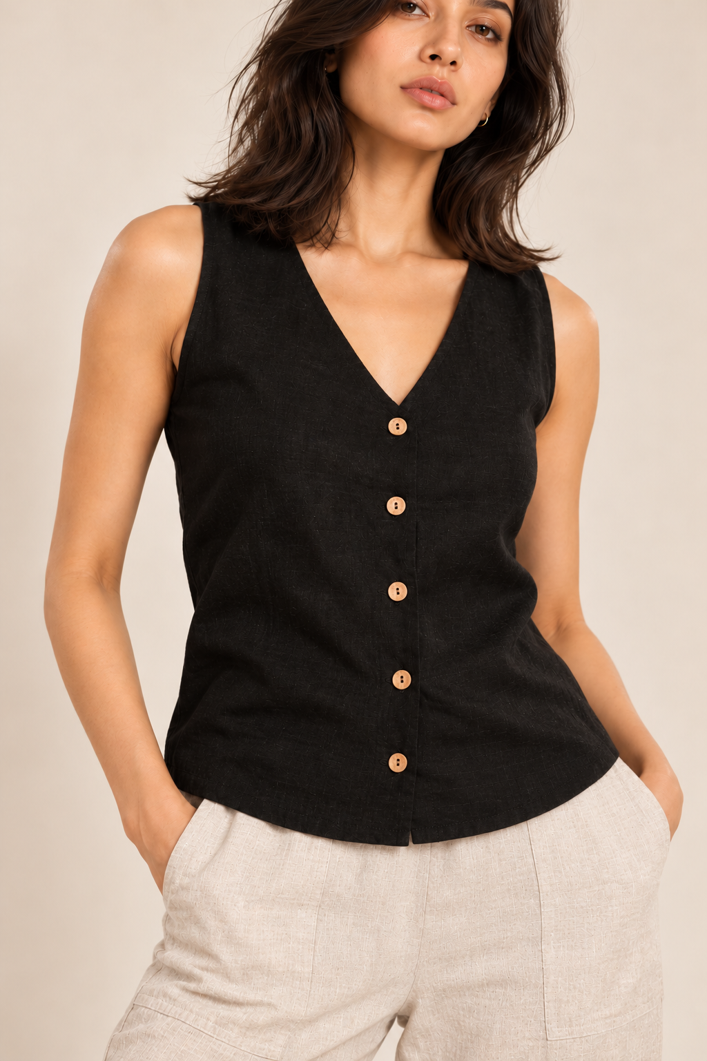 Black Linen Sleeveless Shirt