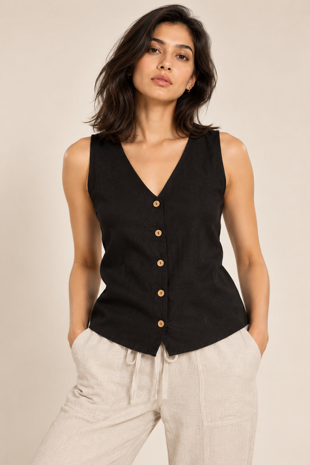 Black Linen Sleeveless Shirt