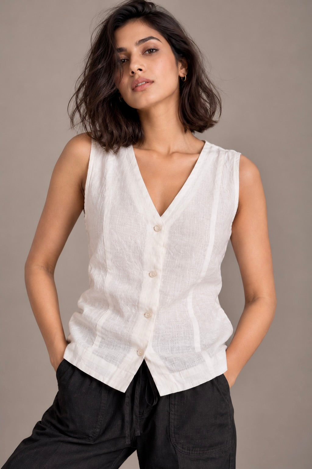 White Linen Sleeveless Shirt