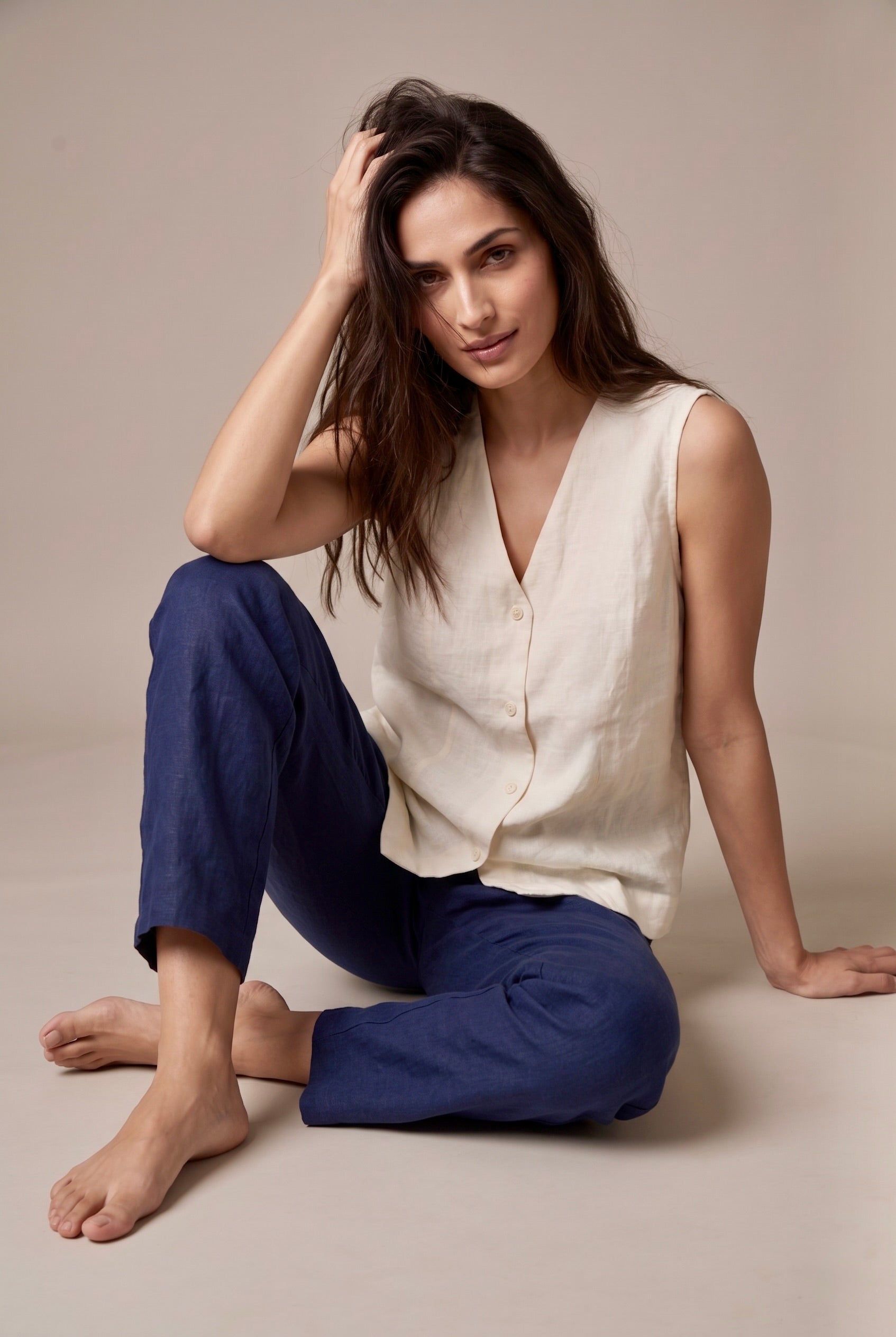 White Linen Sleeveless Shirt