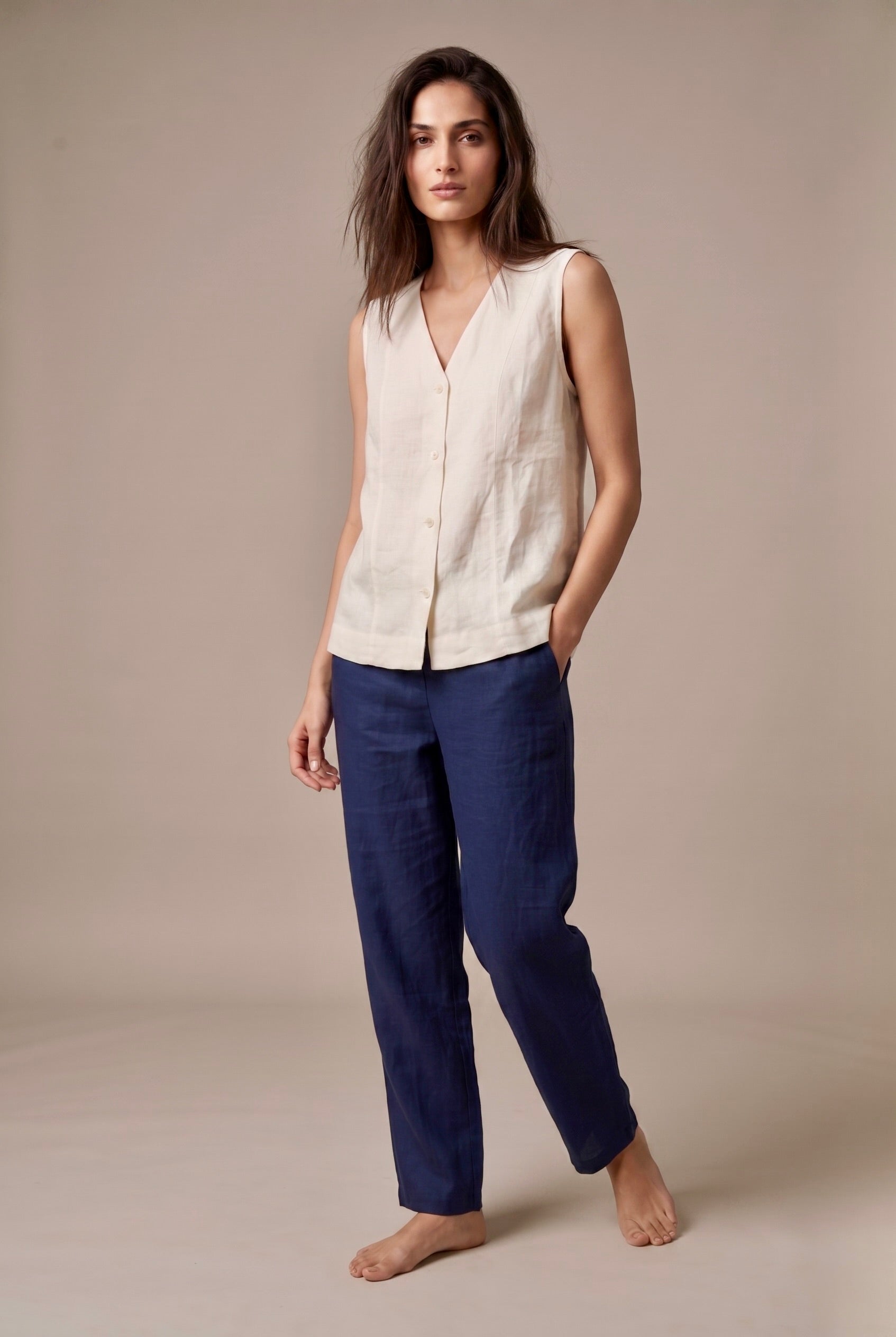 White Linen Sleeveless Shirt