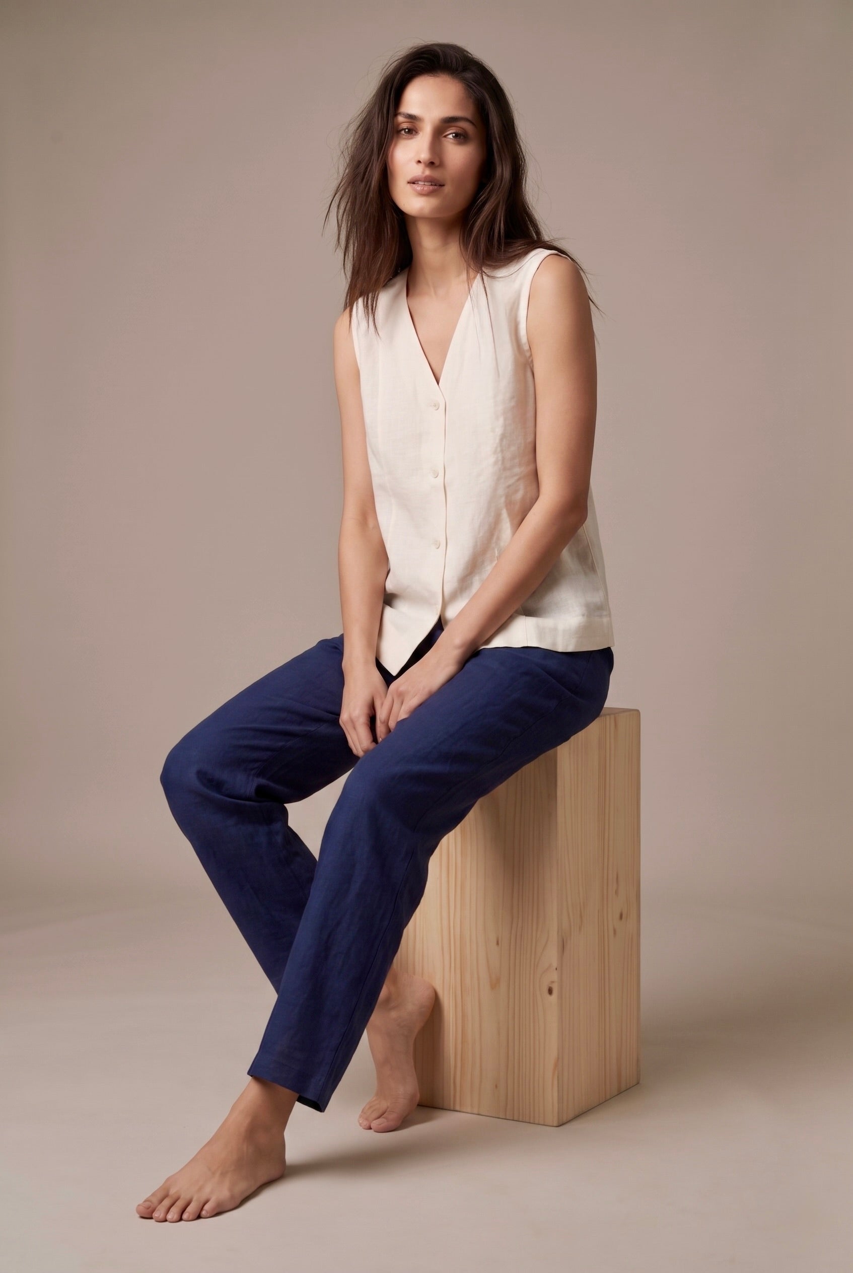 White Linen Sleeveless Shirt
